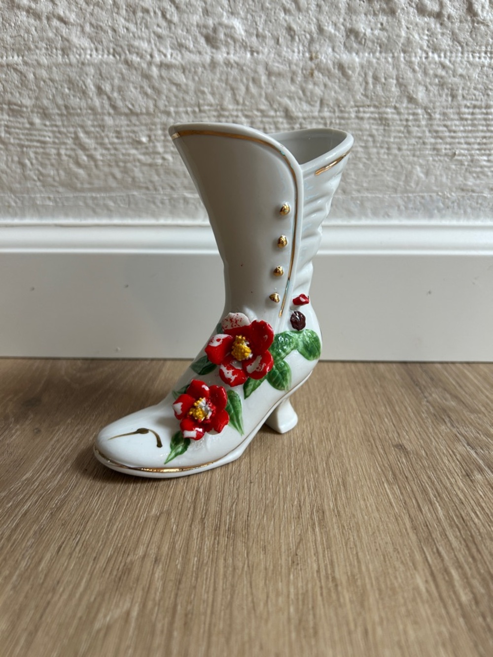 Vintage Royal Crown White Porcelain Victorian Boot Vase with Red Floral Detail
